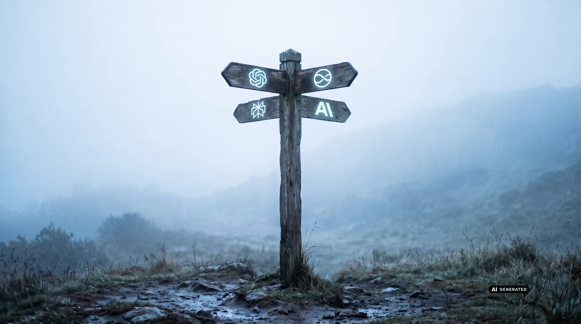 Wegweiser mit leuchtenden KI-Symbolen im Nebel – Sinnbild für die neue, KI-gesteuerte Customer Journey