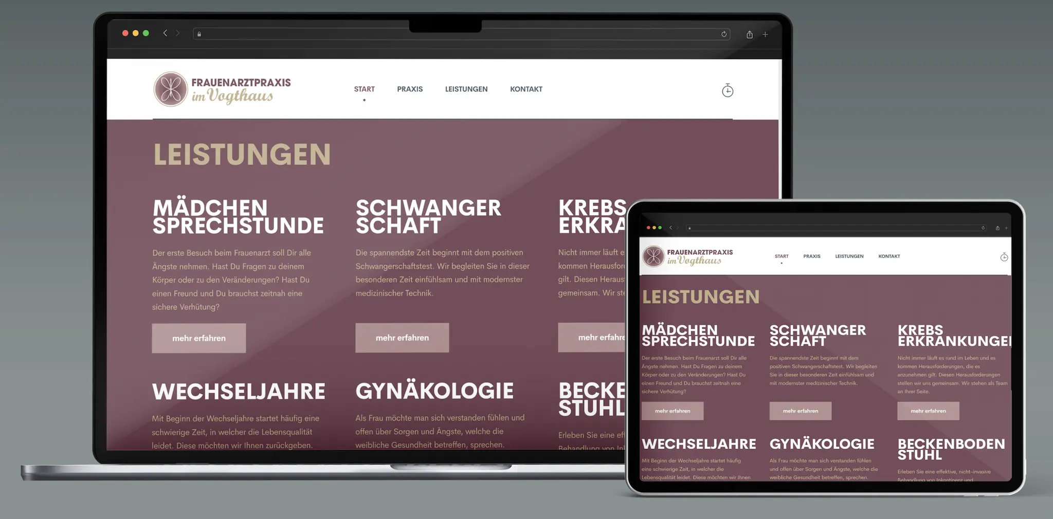 Webdesign für Frauenarztpraxis im Vogthaus - Desktop-Ansicht und Tablet-Ansicht der Leistungs-Seite
