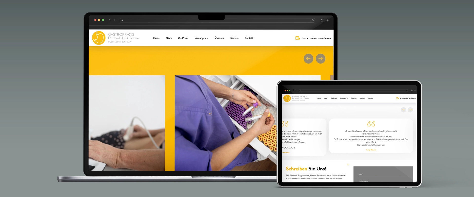 Webdesign für Gastropraxis Sonne - Desktop-Ansicht und Smartphone-Ansicht der Seite