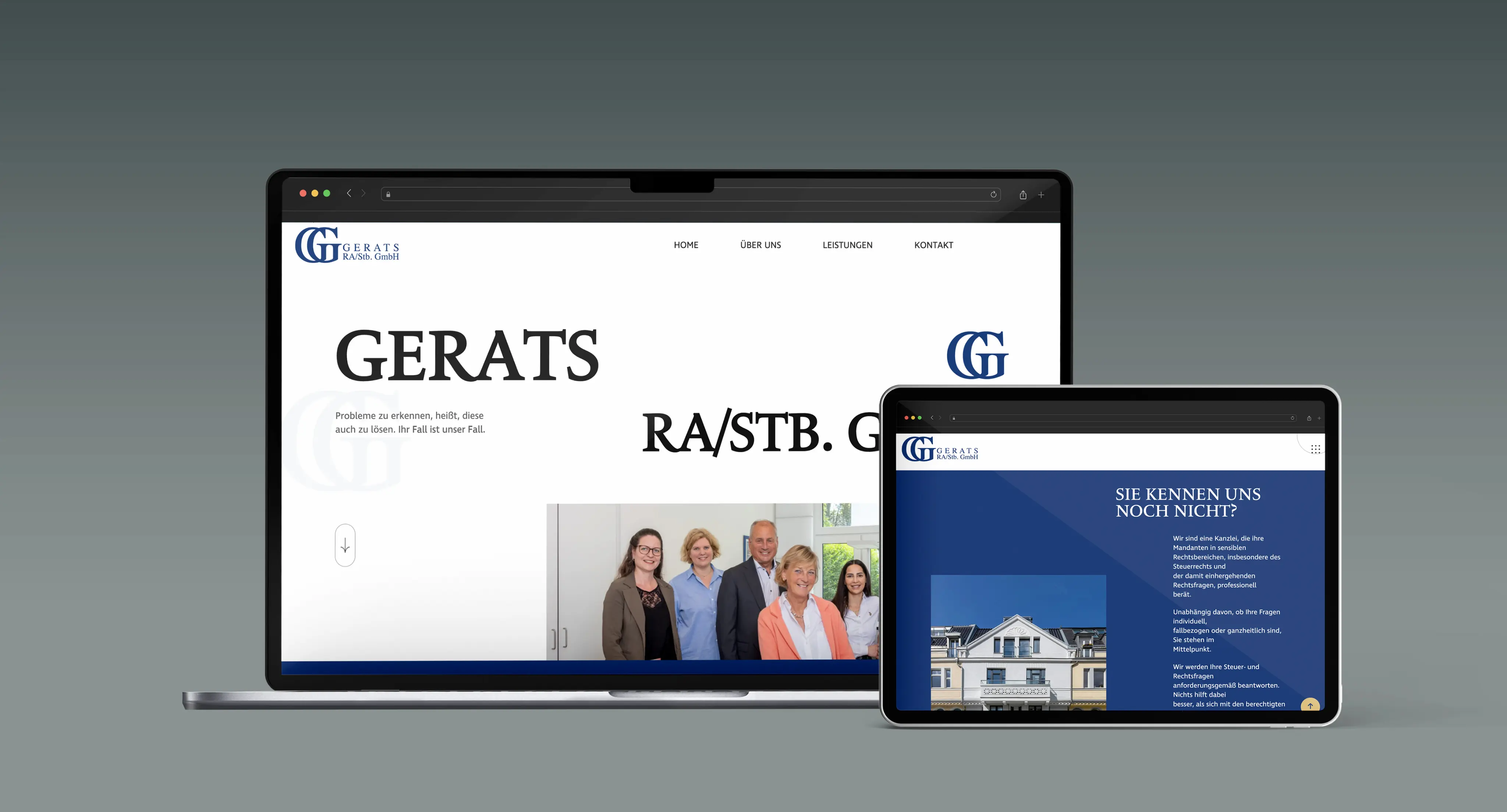 Website für Gerats Rechtsanwälte - Desktop-Ansicht und Tablet-Ansicht der Startseite