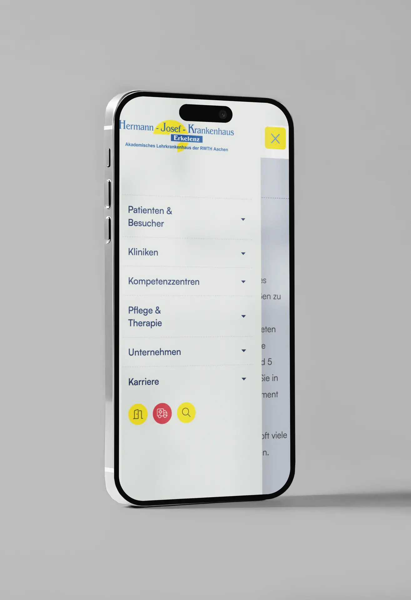 Webdesign für Hermann-Josef-Krankenhaus - Smartphone-Ansicht der Navigation