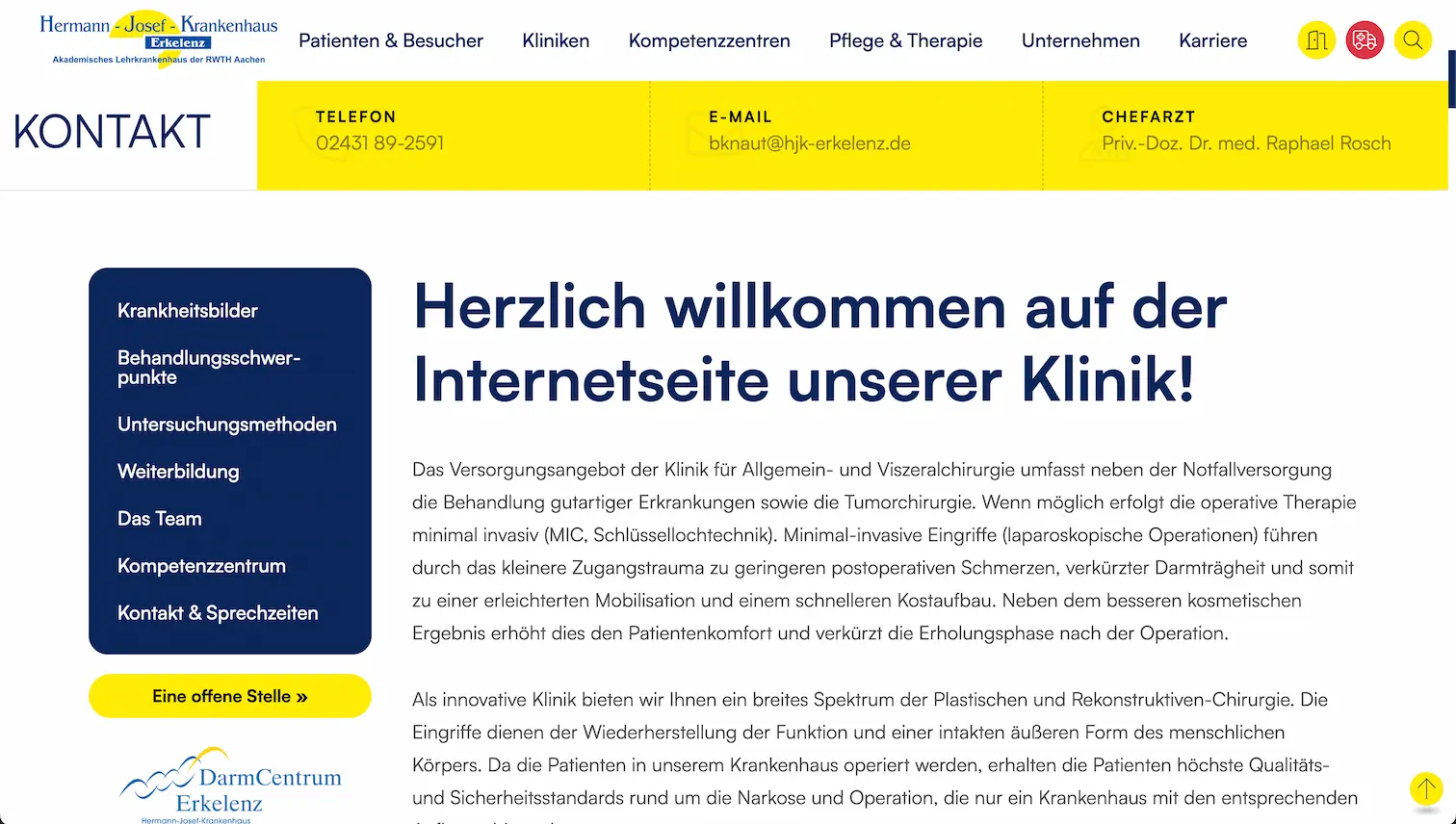Usability für Hermann-Josef-Krankenhaus - Desktop-Ansicht der Willkommens-Seite