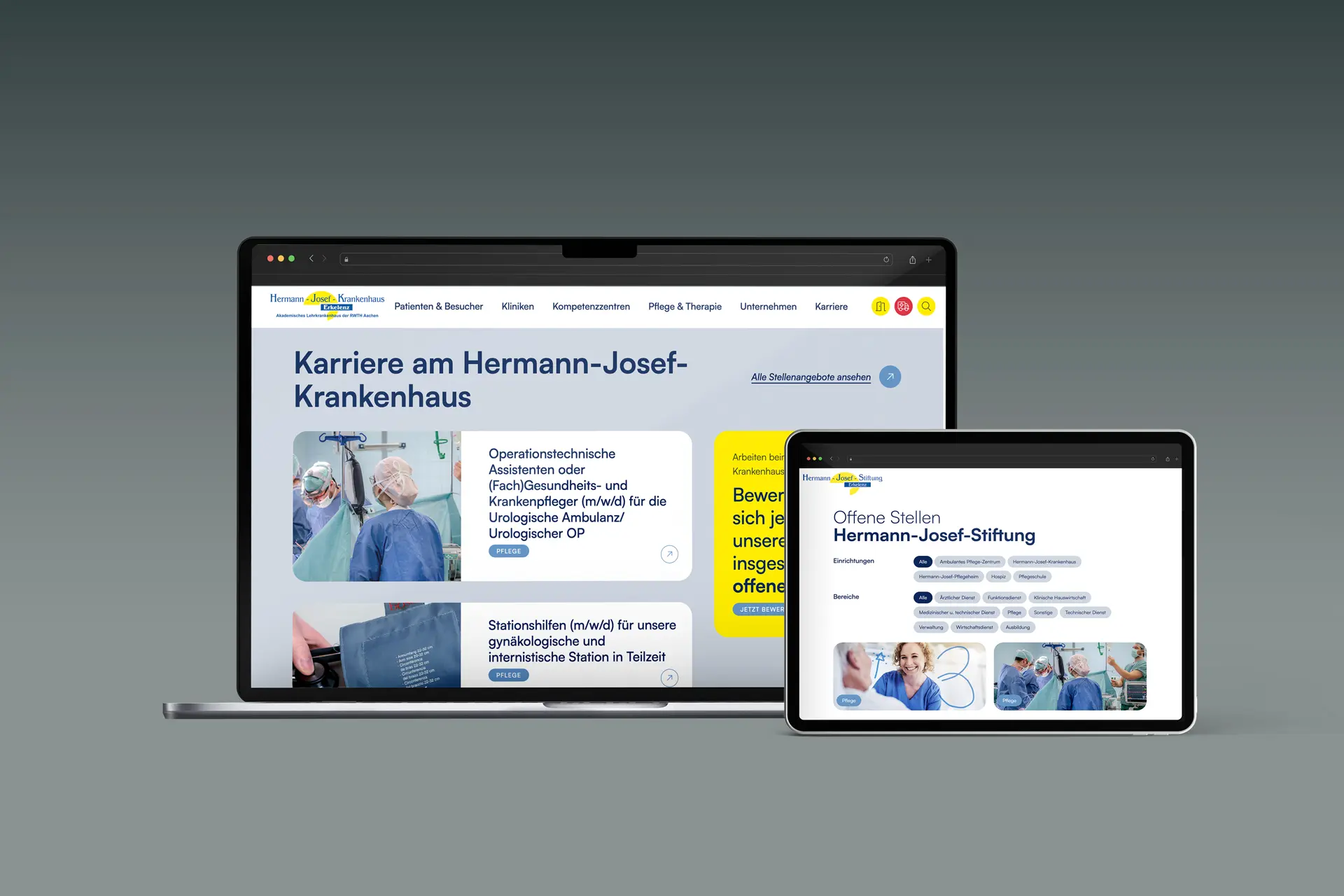 Recruiting für Hermann-Josef-Krankenhaus - Desktop-Ansicht und Tablet-Ansicht der Karriere-Seite