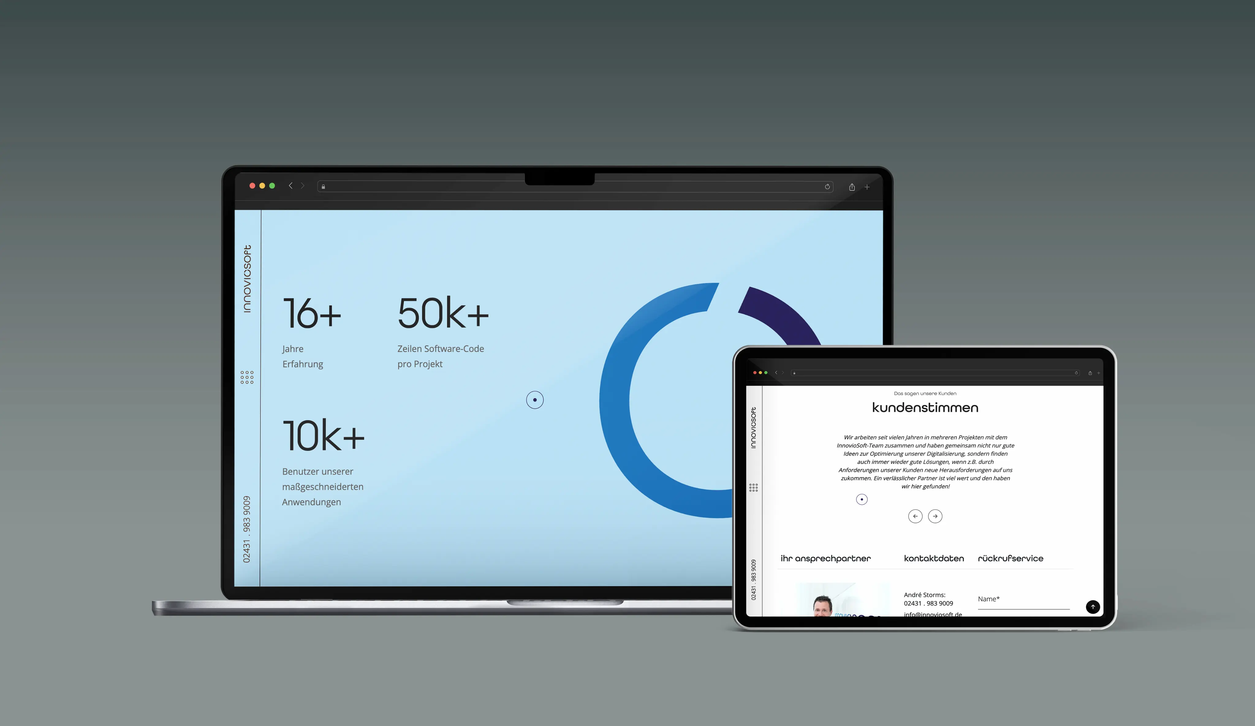 Webdesign für Innoviosoft - Desktop-Ansicht und Tablet-Ansicht der Testimonials