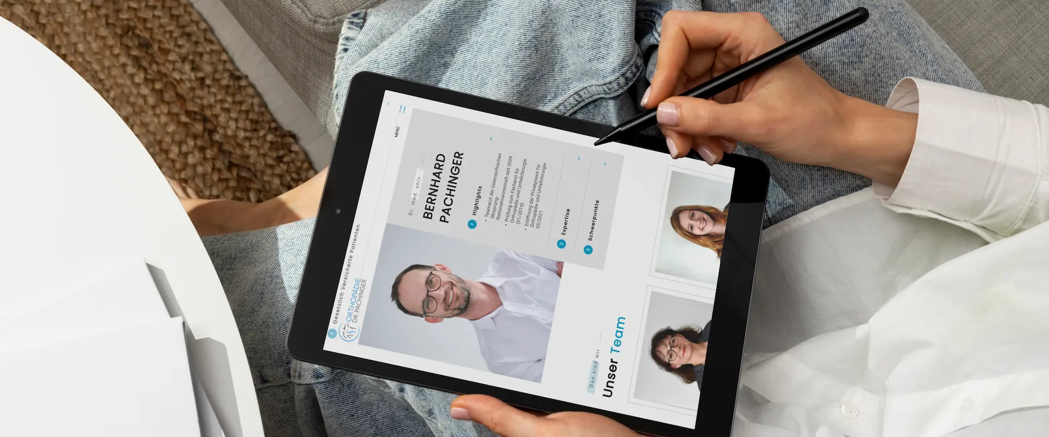 Webdesign für Orthopädie Pachinger - Tablet-Ansicht der Über-Uns-Seite