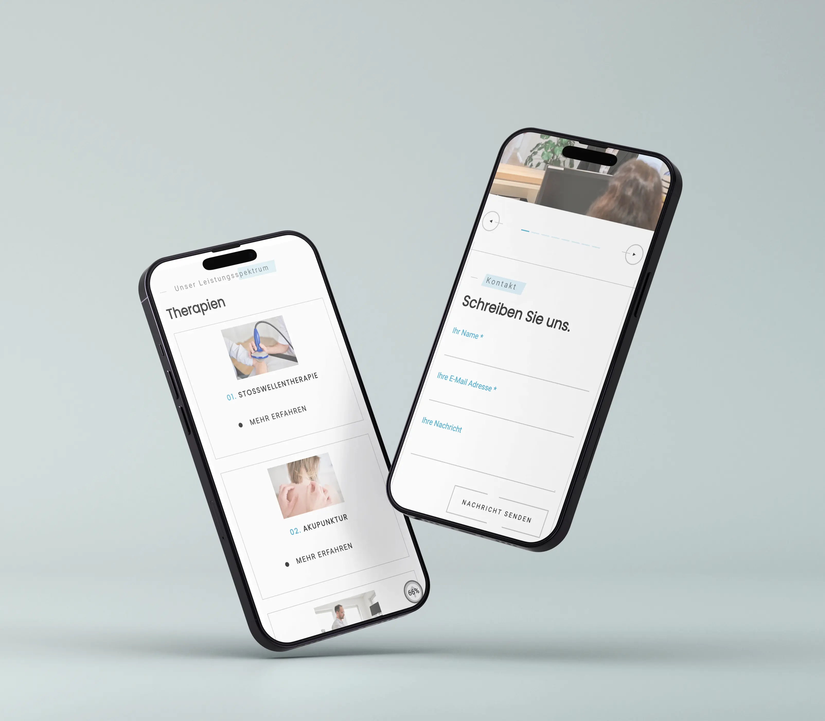 Webdesign für Orthopädie Pachinger - Smartphone-Ansicht der Therapie- und Kontakt-Seite