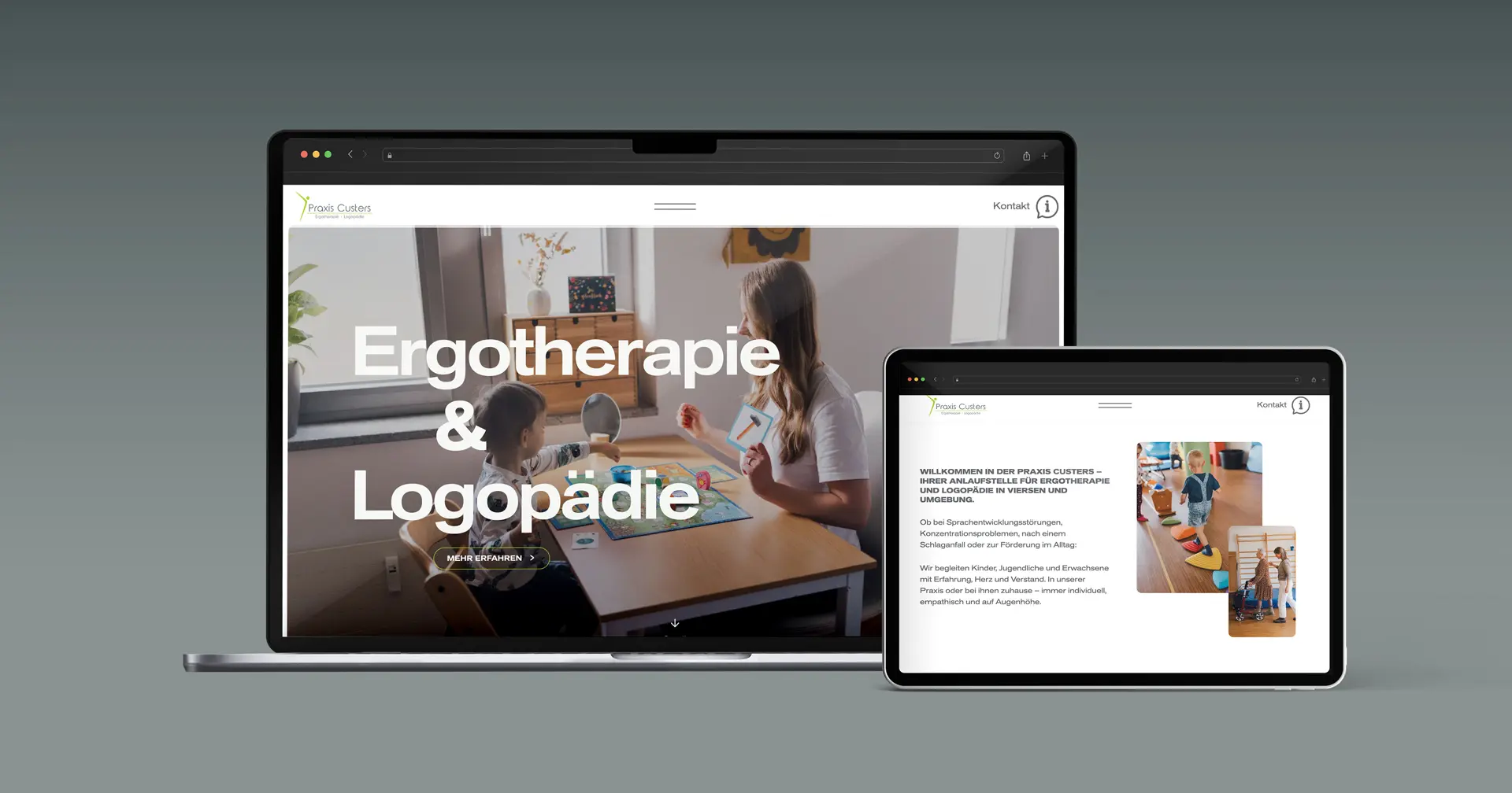 Website für Praxis Custers - Desktop-Ansicht und Tablet-Ansicht der Startseite