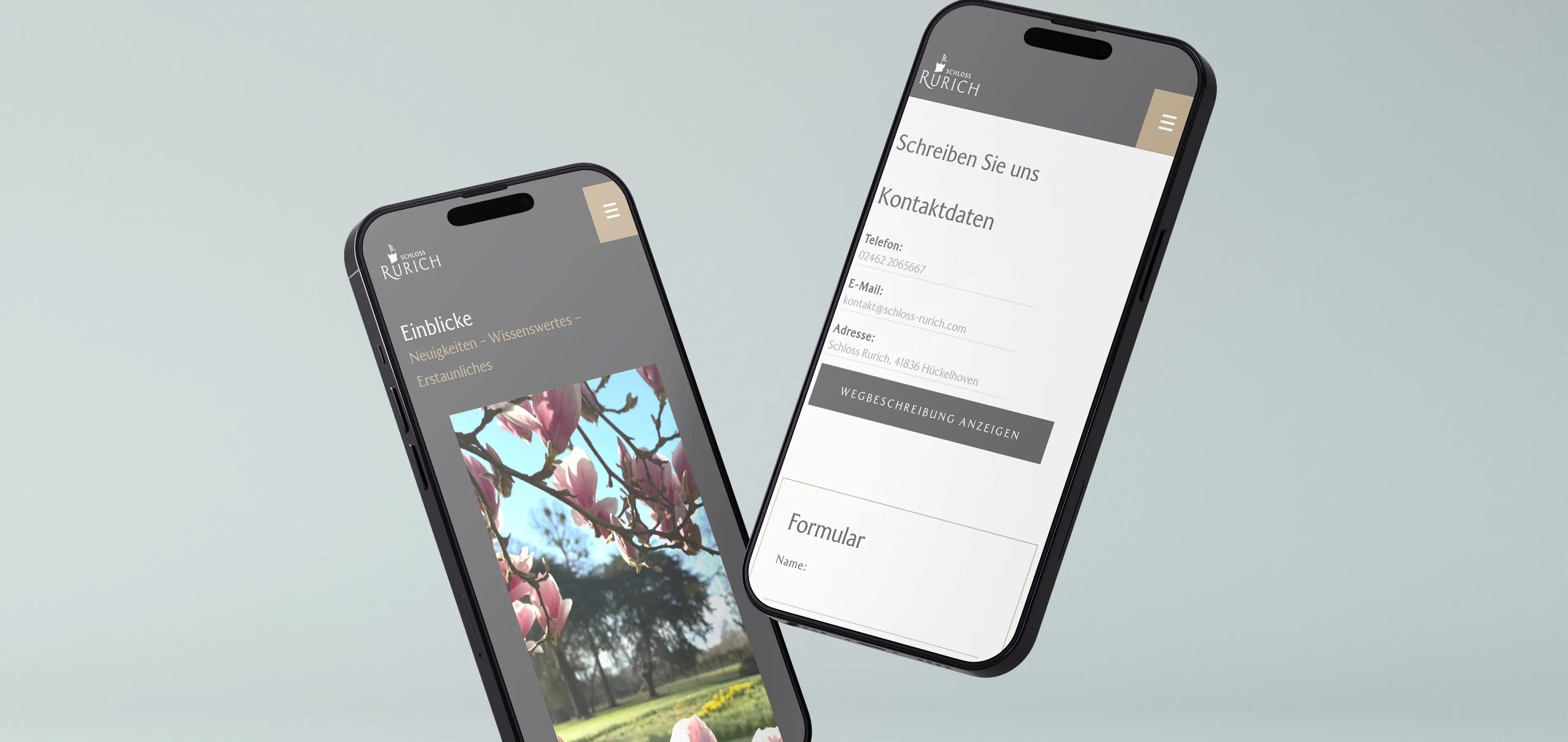 Webdesign für Schloss Rurich - Smartphone-Ansicht der Einblicke und Kontaktmöglichkeiten