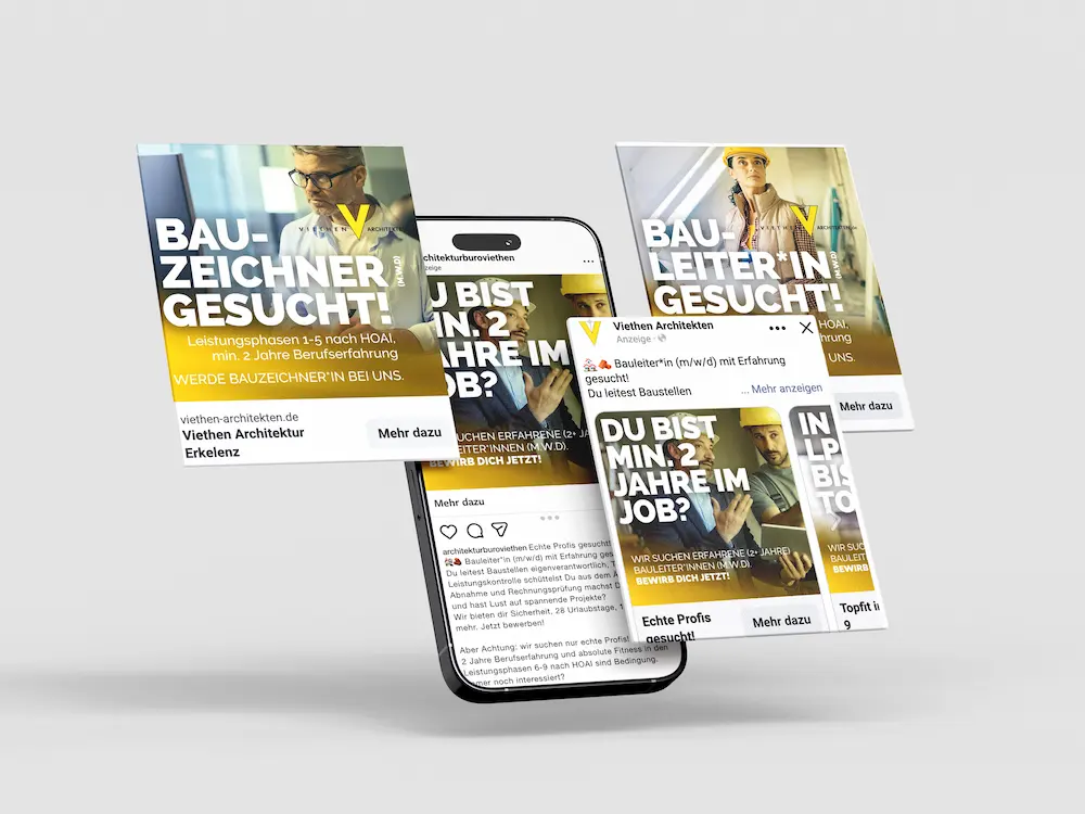 Social Media Recruiting für Viethen Architekten - Smartphone-Ansicht der Social-Media-Anzeigen