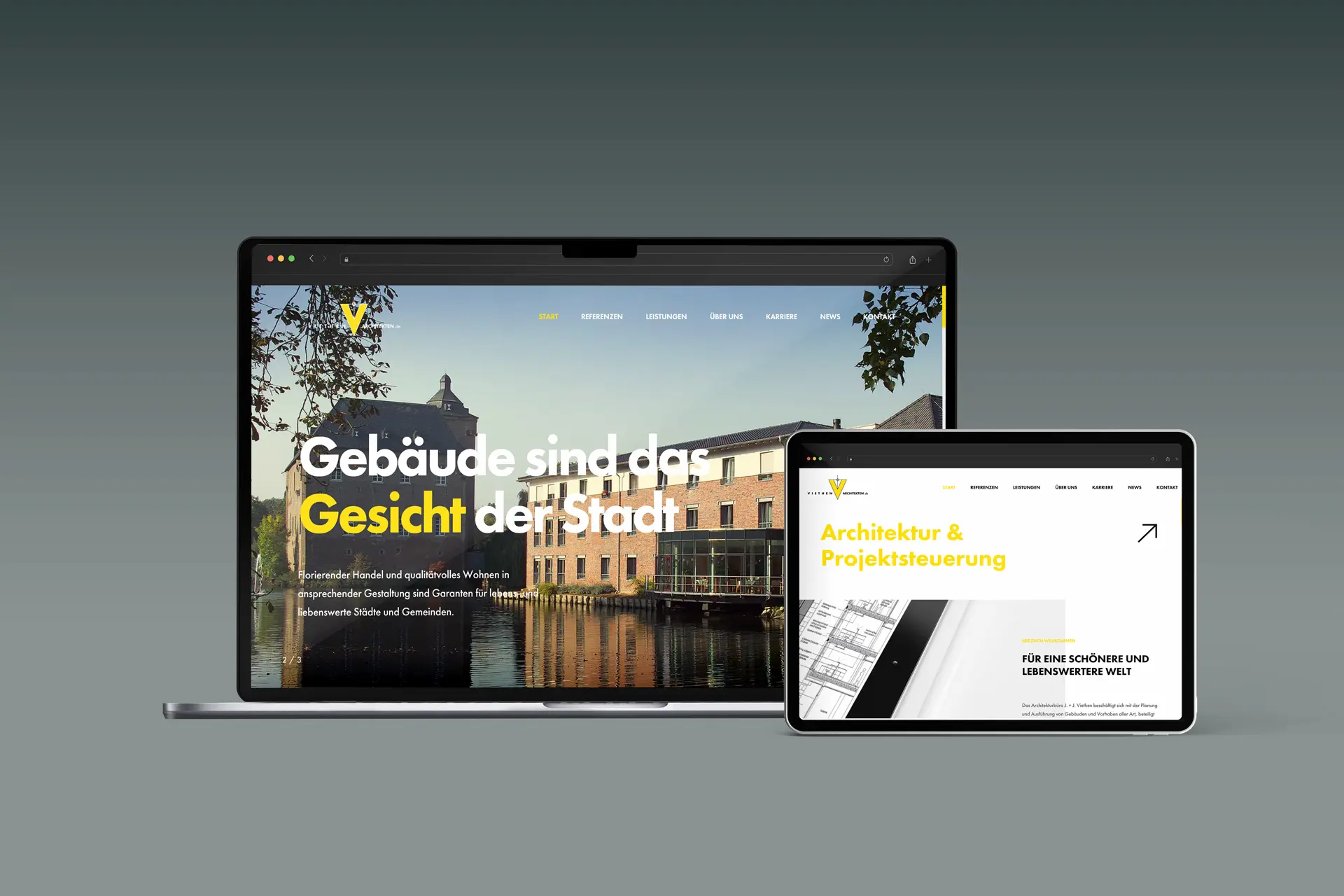 Webdesign für Viethen Architekten - Desktop-Ansicht und Tablet-Ansicht der Startseite